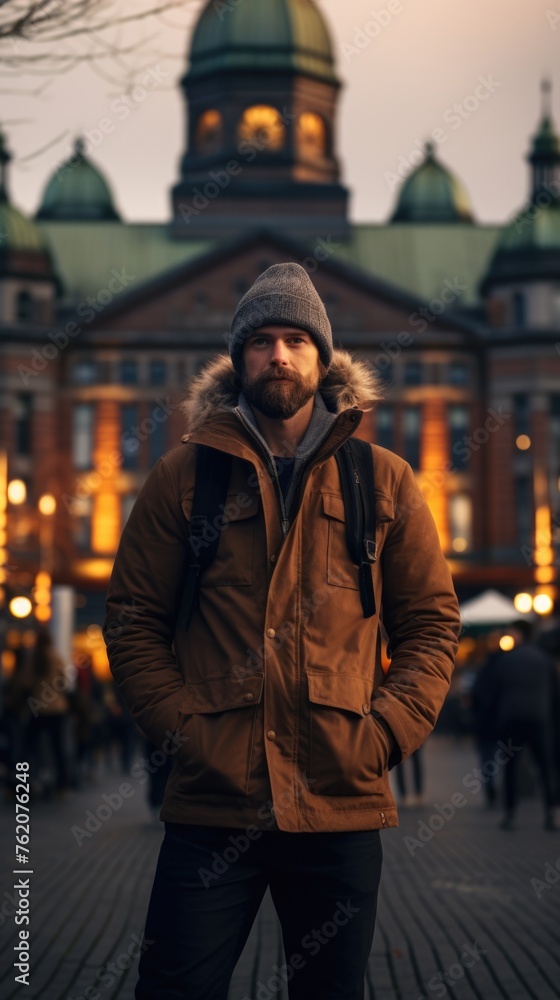 Bearded man wearing a furry winter coat and hat. Fictional character created by Generated AI. 