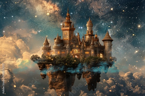Fairy tale castle with floating smoke islands under a starry night sky. © furyon