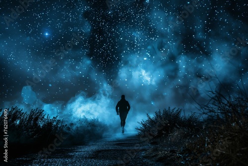 Jogger silhouette with smoke trail under a starry night urban path.
