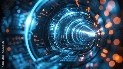 Futuristic digital technology tunnel with glowing blue lights and binary code, representing data transfer, cyber security, or virtual reality. photo