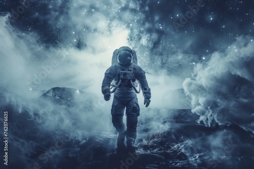 Lost astronaut with smoke effect wandering on a starry night alien landscape.