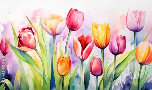 Vibrant tulips in watercolor art
 #762076663
