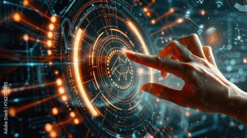 Futuristic technology concept with a hand touching a digital interface with glowing circuits and data visualization.