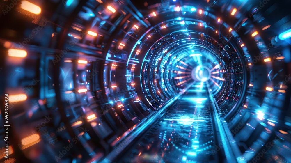 Fototapeta premium Futuristic blue tunnel with glowing lights, abstract technology background.
