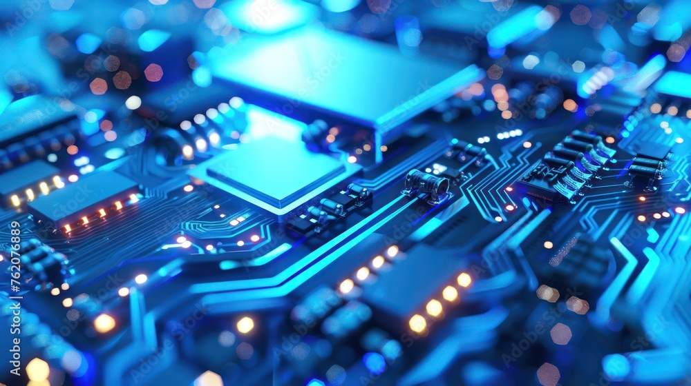 Close-up of a blue circuit board with electronic components for technology backgrounds.