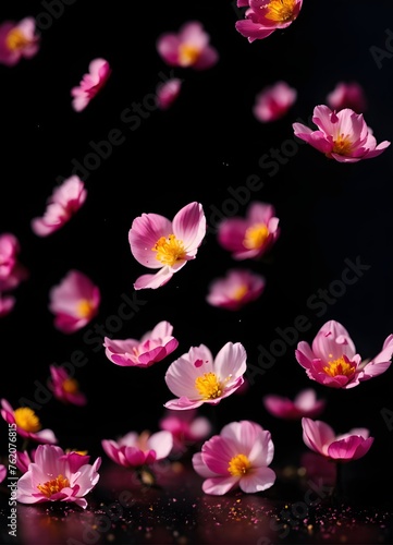 pink flowers in dark room with a black background
