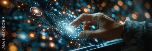 Close-up of a human hand touching a digital interface with glowing particles, symbolizing technology interaction. photo