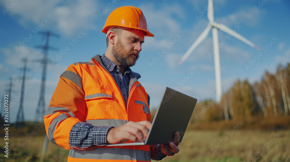Portrait of Power Engineer at Wind Turbine Field Site, Laptop Work