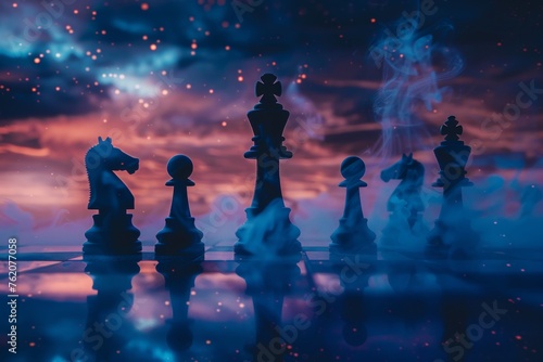 Silhouette of a chessboard with smoke pieces under a starry night strategic game.