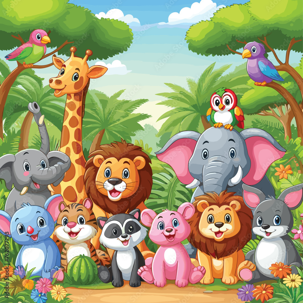 Group of happy animals cartoon in the jungle colorful vector illustration Group of happy animals cartoon in the jungle colorful vector illustration
