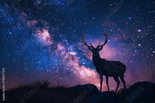 Silhouette of a deer with smoke antlers under a starry night wilderness.