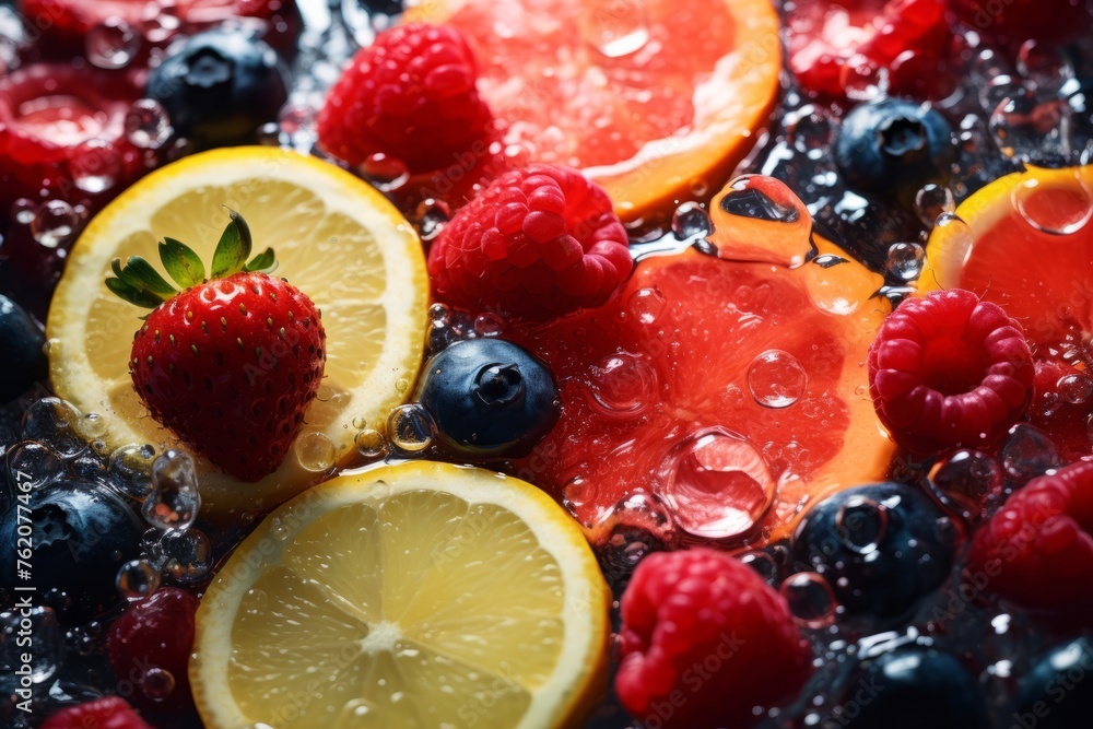 Assorted fruits of orange, berries, grapefruit, lemon, strawberry falling into clear water
Assorted fruits of orange, berries, grapefruit, lemon, strawberry falling into clear water