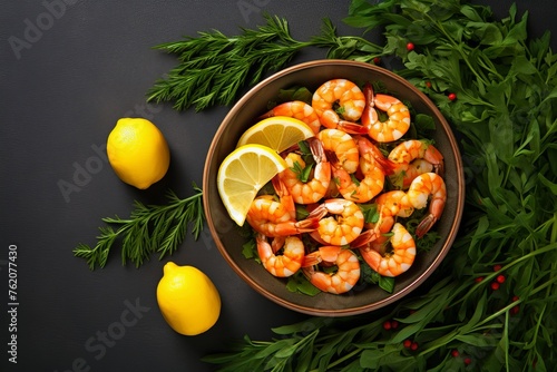 Delicious shrimp dish with lemon on a dark background. Mediterranean diet concept