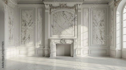 Classic white room interior with marble fireplace . 3d rendering background