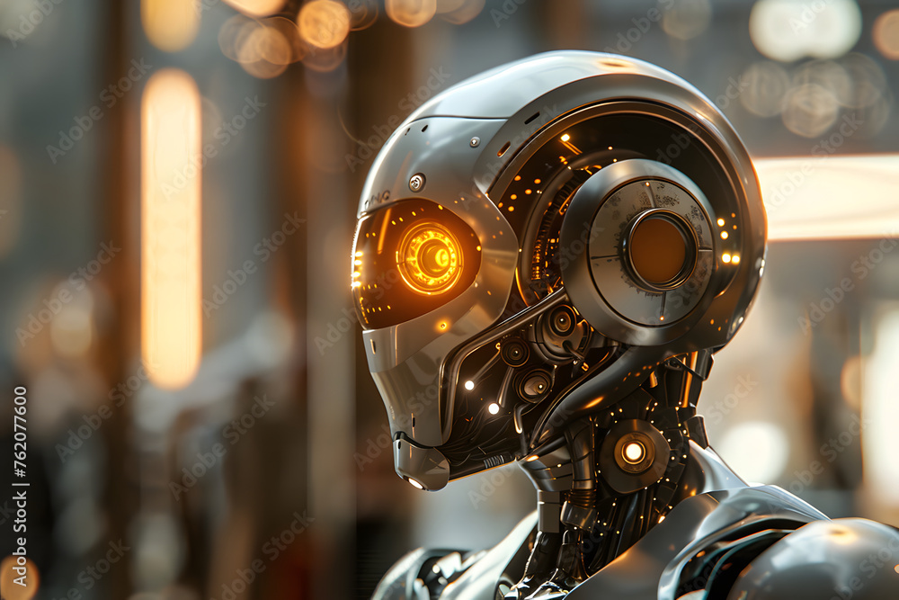 Futuristic Robot with Glowing Eye in a High-Tech Facility Illustration Futuristic Robot with Glowing Eye in a High-Tech Facility Illustration