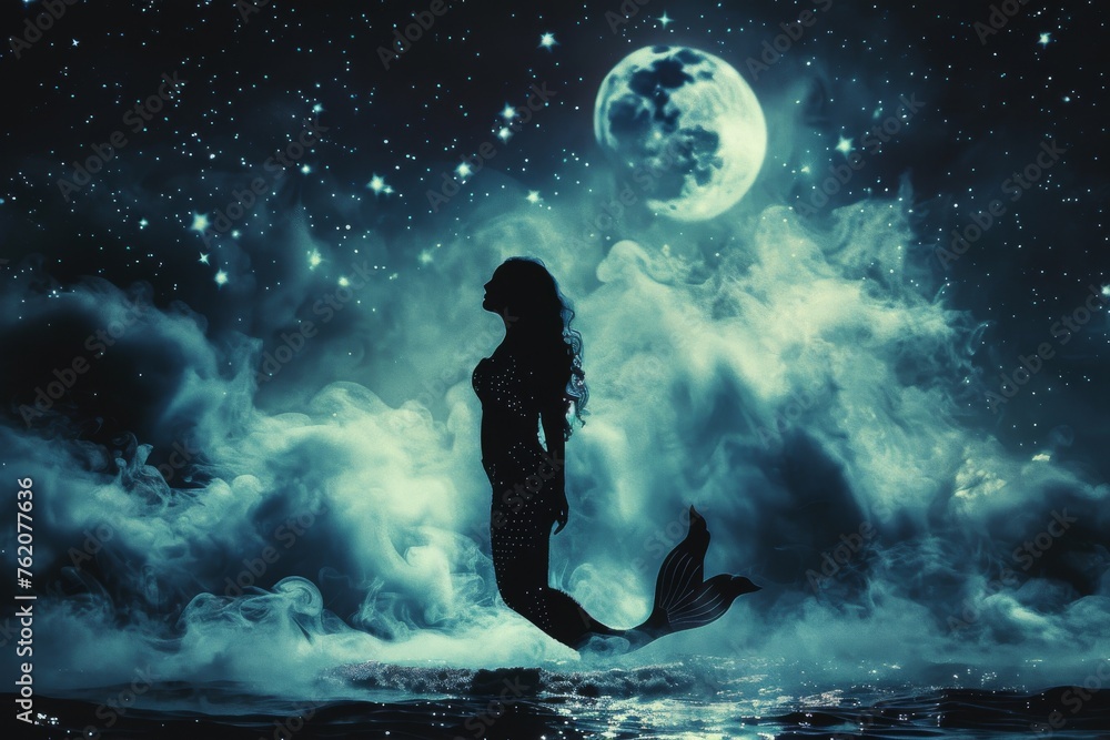 Silhouette of a mermaid with smoke tail under a starry night sea.