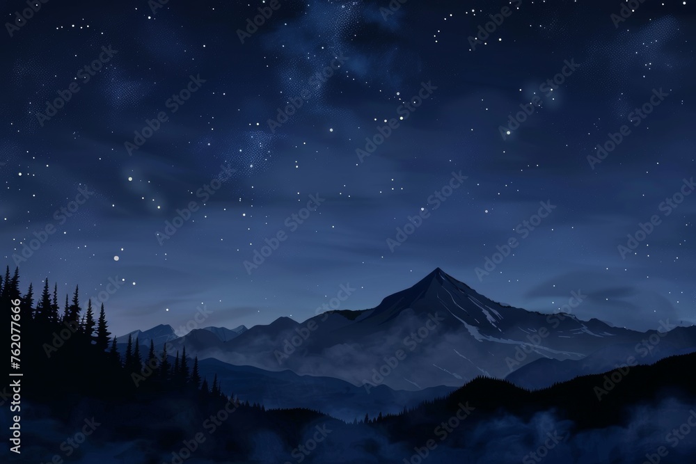 Silhouette of a mountain with smoke fog under a starry night landscape. Silhouette of a mountain with smoke fog under a starry night landscape.