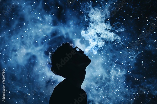 Silhouette of a poet with smoke words under a starry night inspiration.