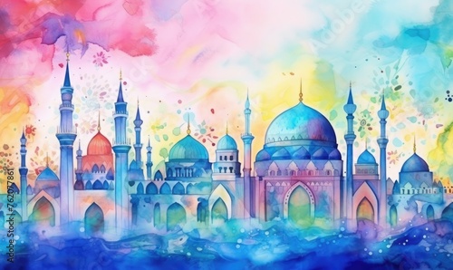 Vibrant watercolor artwork featuring various mosques, celebrating eid al-fitr 