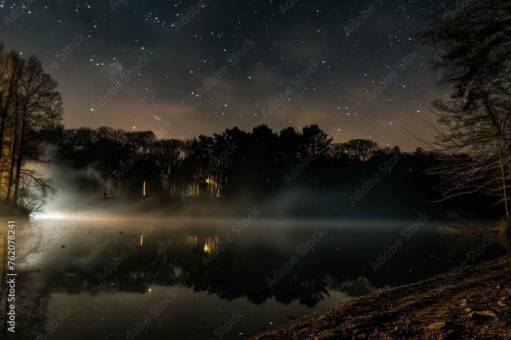 Starry night over a tranquil lake with mist and smoke rising from the water.