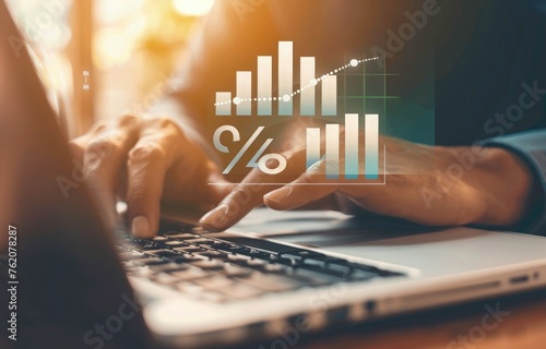 Businessman hand working with laptop. 3d graph of growth overlay on the image showing real estate and mortgage investment and profit. concept for home loan, insurance and invest. 