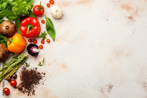 Set of ingredients for fresh vegetable salad, concept of diet and vegetarian nutrition, healthy lifestyle, top view with copyspace for text 