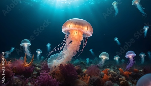 A Jellyfish In A Sea Of Glowing Underwater Creatur