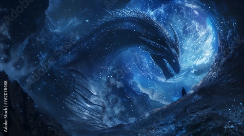 a mythical dragon emerges from the depths of a cavern, its scales gleaming with an otherworldly glow.