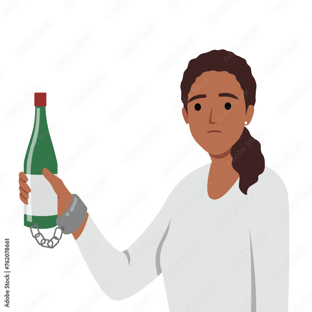 Handcuffs with young woman, wine bottle or alcohol, addicted. Flat vector illustration isolated on white background Handcuffs with young woman, wine bottle or alcohol, addicted. Flat vector illustration isolated on white background
