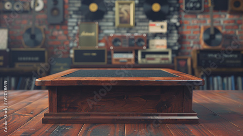 Retro Polished Mahogany Podium, front view focus, with Vintage Record Store Background, ideal for classic vinyl records product displays