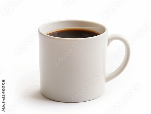 A simple white ceramic mug filled with coffee isolated on a white backdrop. Ideal for minimalist designs.