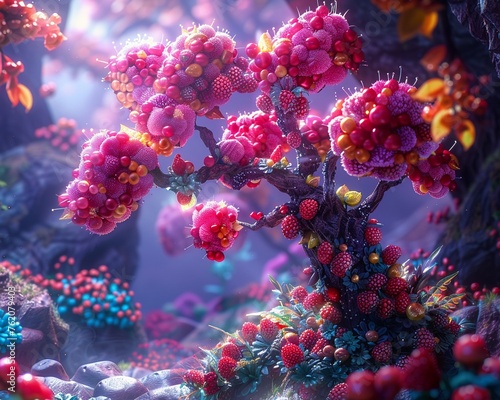 Dessert tree in fantasy land colorful candy fruits wide angle magical glow