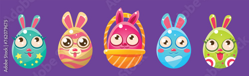 Bunny in Shape of Oval Egg of Different Color Vector Set