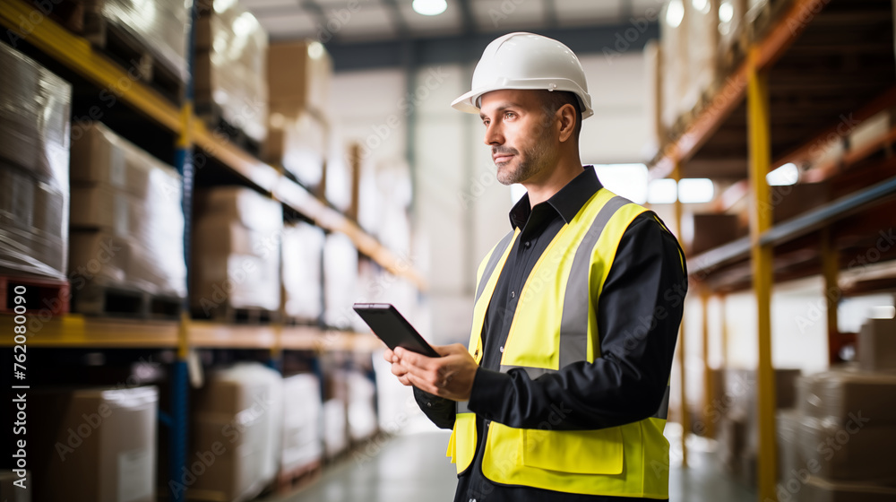 Officer working in warehouse through tablet with a text space, photo shot, natural light day Officer working in warehouse through tablet with a text space, photo shot, natural light day