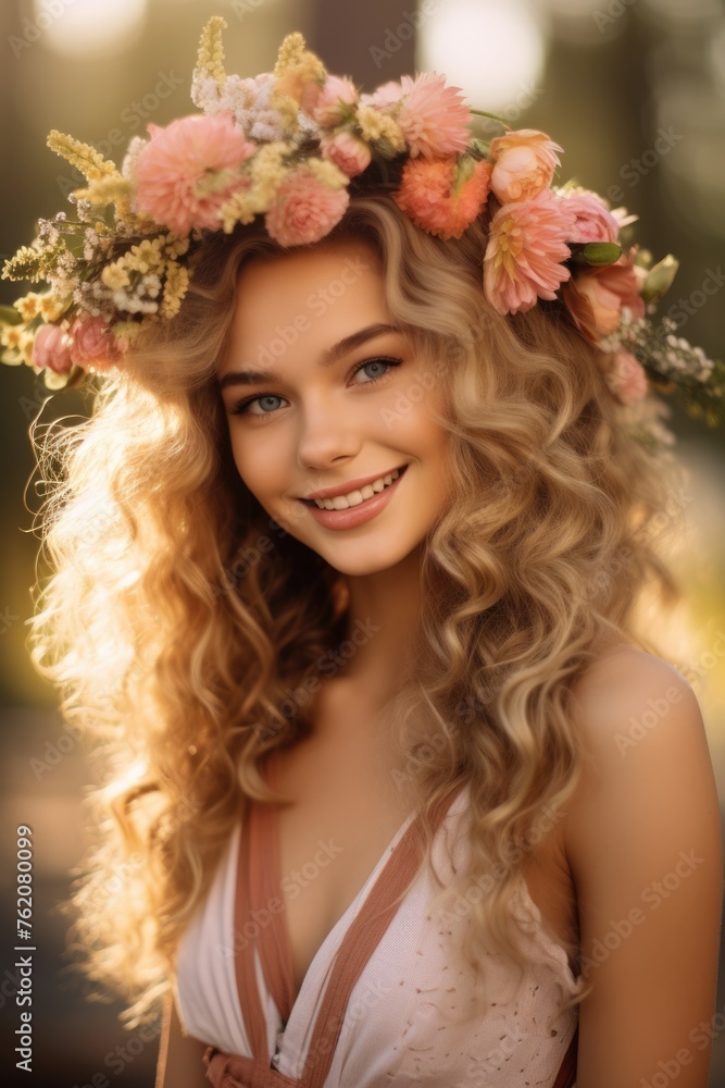 Enchanting Beauty with a Flower Crown. Fictional character created by Generated AI. 