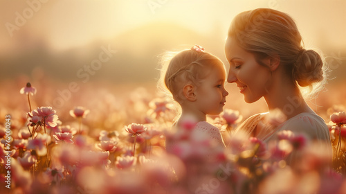 A woman and child stand amidst a vibrant field of blooming flowers on a sunny day, sharing a moment of love and happiness on Mothers Day