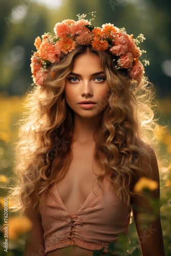Enchanting beauty with a flower crown. Fictional character created by Generated AI. 