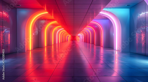 Futuristic corridor with vibrant neon lights in red to blue gradient creating a captivating archway perspective.
