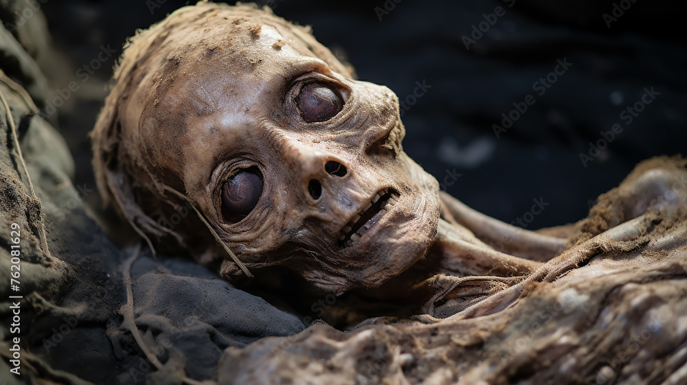 the mummy of an alien, a fantastic invented plot. the skull and remains of a humanoid alien creature the mummy of an alien, a fantastic invented plot. the skull and remains of a humanoid alien creature
