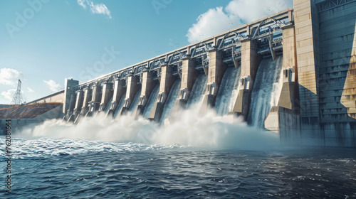 Hydroelectric dam with rushing water and electric turbines turning with the force of the flowing river water , generating clean energy for ecology and zero carbon targets