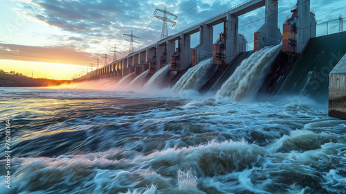 Hydroelectric dam with rushing water and electric turbines turning with the force of the flowing river water , generating clean energy for ecology and zero carbon targets photo