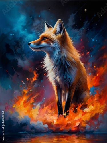 fire in the background, velvet fur on a fox, explosions, midnight, sky, small fox by itself painting with dripping paint © tewpai