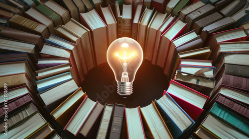 Ideas and knowledge concept image background with a glowing light bulb in middle of books in circle