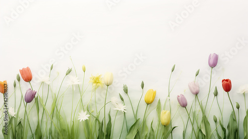 spring tulips on a white background, artwork row of flowers