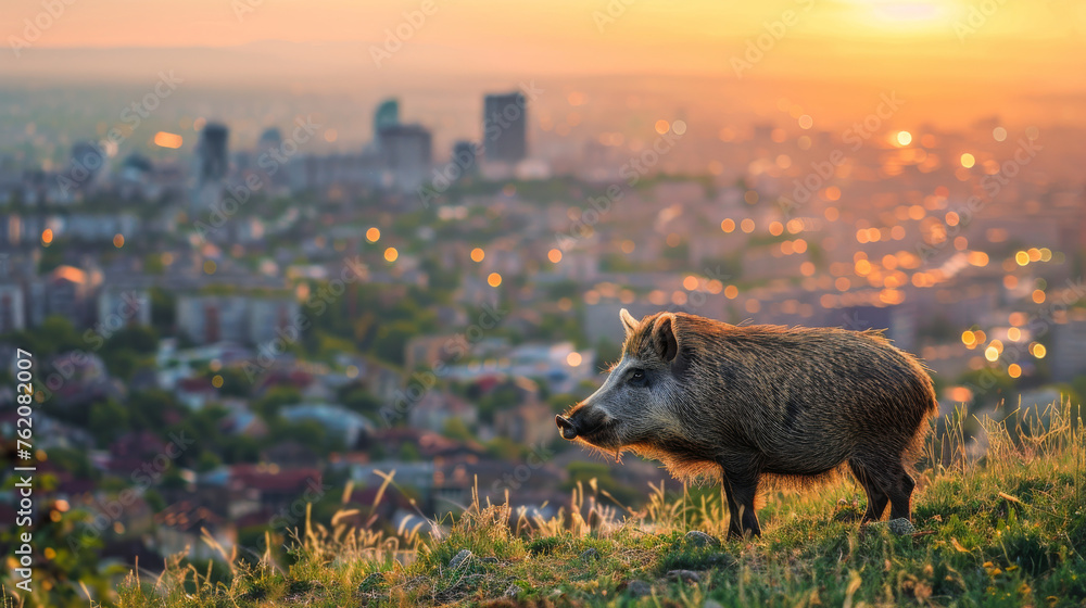 Wild boar looking at a city representing nature gaining on city and rural return on towns - obrazy, fototapety, plakaty 