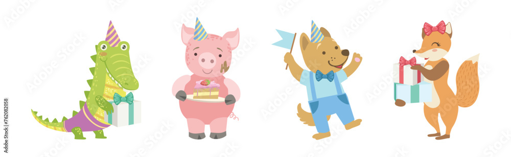 Fototapeta premium Funny Animal Celebrate Happy Birthday Holiday Vector Set
