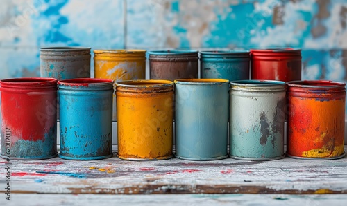 Cans of paint on a blurred background. © Andreas