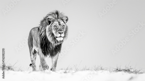 Stoic Lion Marching in Snow, Perfect for Wildlife Documentaries