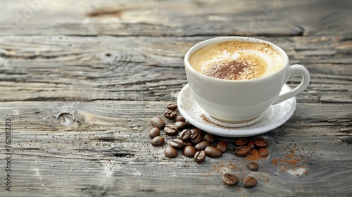 Cappuccino coffee with foam and brown beans on old wooden table,closeup,copy space,wallpaper.