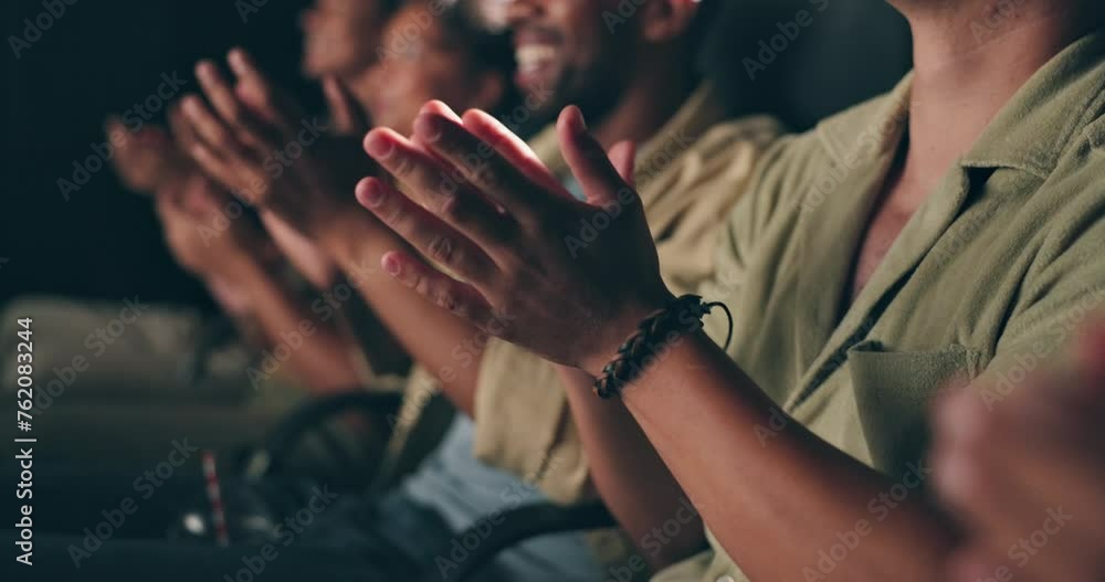 People, group or hands of audience with applause in cinema for movie success, theater performance or support. Crowd, diversity or clapping in auditorium for concert entertainment or premiere approval